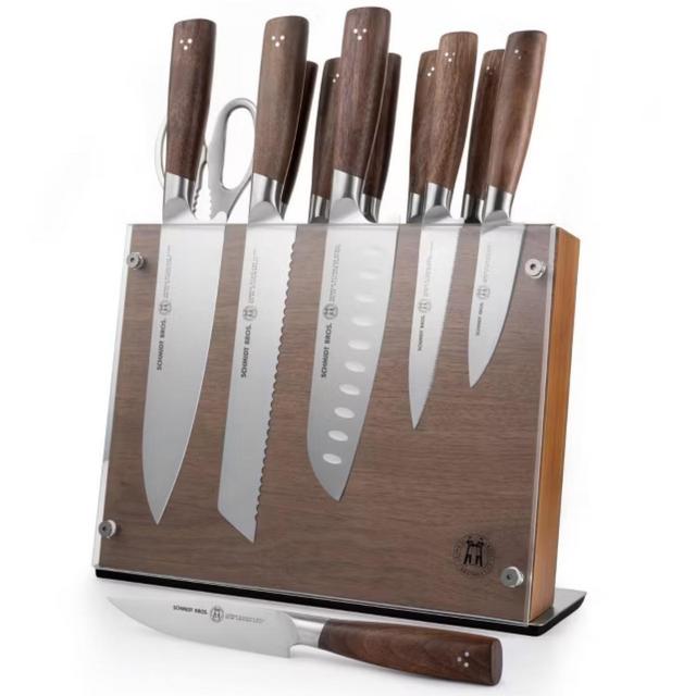 Schmidt Bros Cutlery 14pc Knife Block Set Delta: Stainless Steel Blades, Wood Handles, Includes Sharpener & Steak Knives