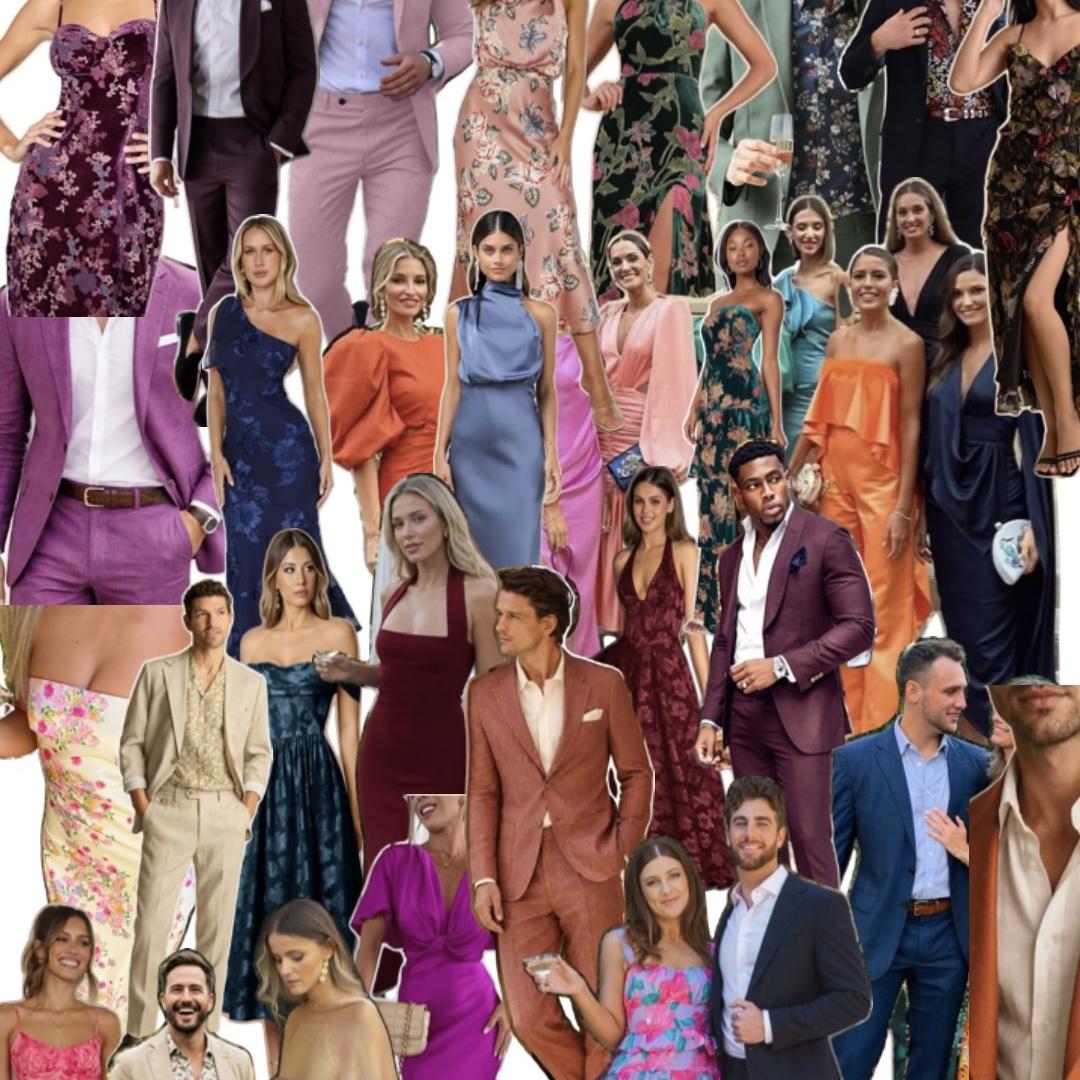 Wedding Guest inspo- Prints and florals are encouraged. Top row is patterned versions of the colors asked to avoided on the invitation, to make ideas come easier.The solid color is asked to be avoided