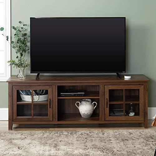 Walker Edison Furniture Company Modern Farmhouse Grooved Wood Stand with Cabinet Doors for TV's up to 80" Living Room Storage Shelves Entertainment Center, Without Fireplace, Dark Walnut
