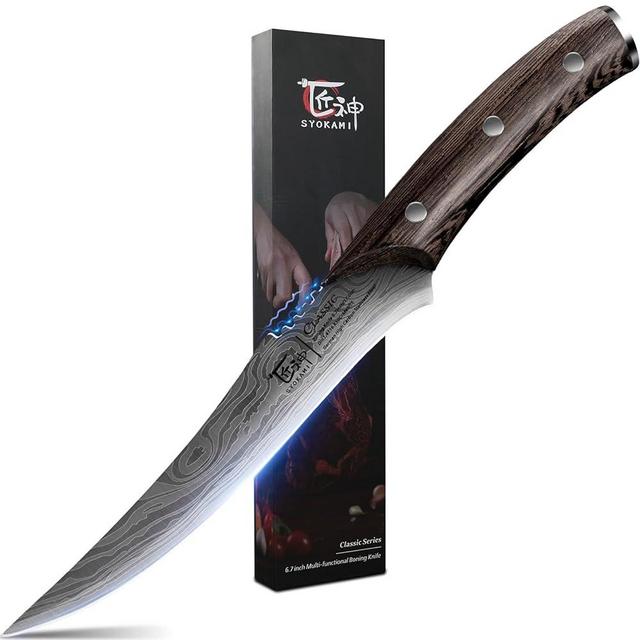 SYOKAMI Boning Knife, 6.7 Inch High-Carbon Japanese Style Fillet Knife With Wood Handle, Razor-Sharp Flexible Curved Blade Processing Knife, Damascus Pattern Full Tang Design Ideal For Gift