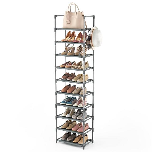 LANTEFUL 10 Tiers Tall Shoe Rack 20-25 Pairs Boots Organizer Storage Sturdy Narrow Shoe Shelf for Entryway, Closets with Hooks, Grey