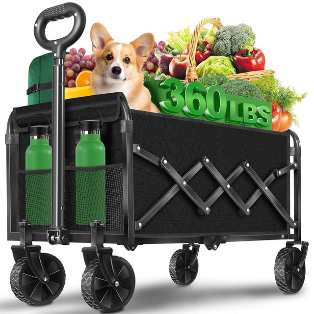 Collapsible Wagons Carts Foldable Wagon, Foldable Wagon Cart with Wheels, Folding Wagons for Beach Camp Sports Garden, 2 Cup Holders/Lightweight Portable/Black/360 LBS