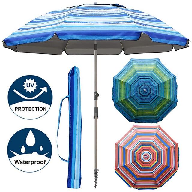 Blissun 7.2' Portable Beach Umbrella with Sand Anchor, Tilt Pole, Carry Bag, Air Vent (Blue and White)