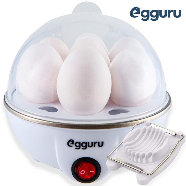 Egguru Electric Egg Cooker Boiler Maker Soft, Medium or Hard Boil, 7 Egg Capacity noise free technology Automatic Shut Off, white with egg slicer included