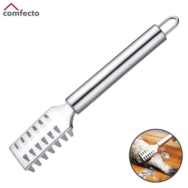 Comfecto Fish Scaler Remover with Stainless Steel Sawtooth, Ergonomic Handle Design with Firm Grip for Faster and Easier Fish Scales Skin Removing Peeling, Silver