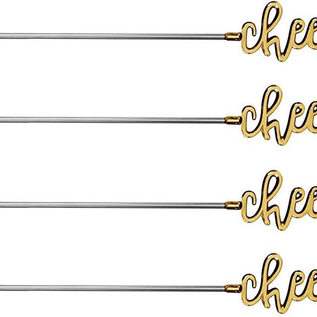 Palais Essentials Stainless Steel Coffee Beverage Stirrers Stir Cocktail Drink Swizzle Stick - 7 Inches Long - Set of 4 (Gold,"Cheers")