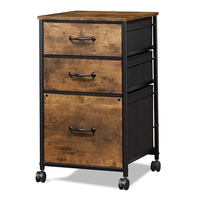DEVAISE Mobile File Cabinet, Rolling Printer Stand with Open Storage Shelf, Fabric Vertical Filing Cabinet fits A4 or Letter Size for Home Office, Rustic Brown Wood Grain Print