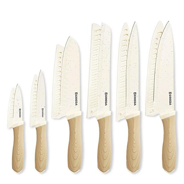 GOODA 12PCS Knife Set with Covers,Nonstick Ceramic Coating Kitchen Knives Set,Stainless Steel Blade with Guards, Essential Knife Set for Kitchen,White