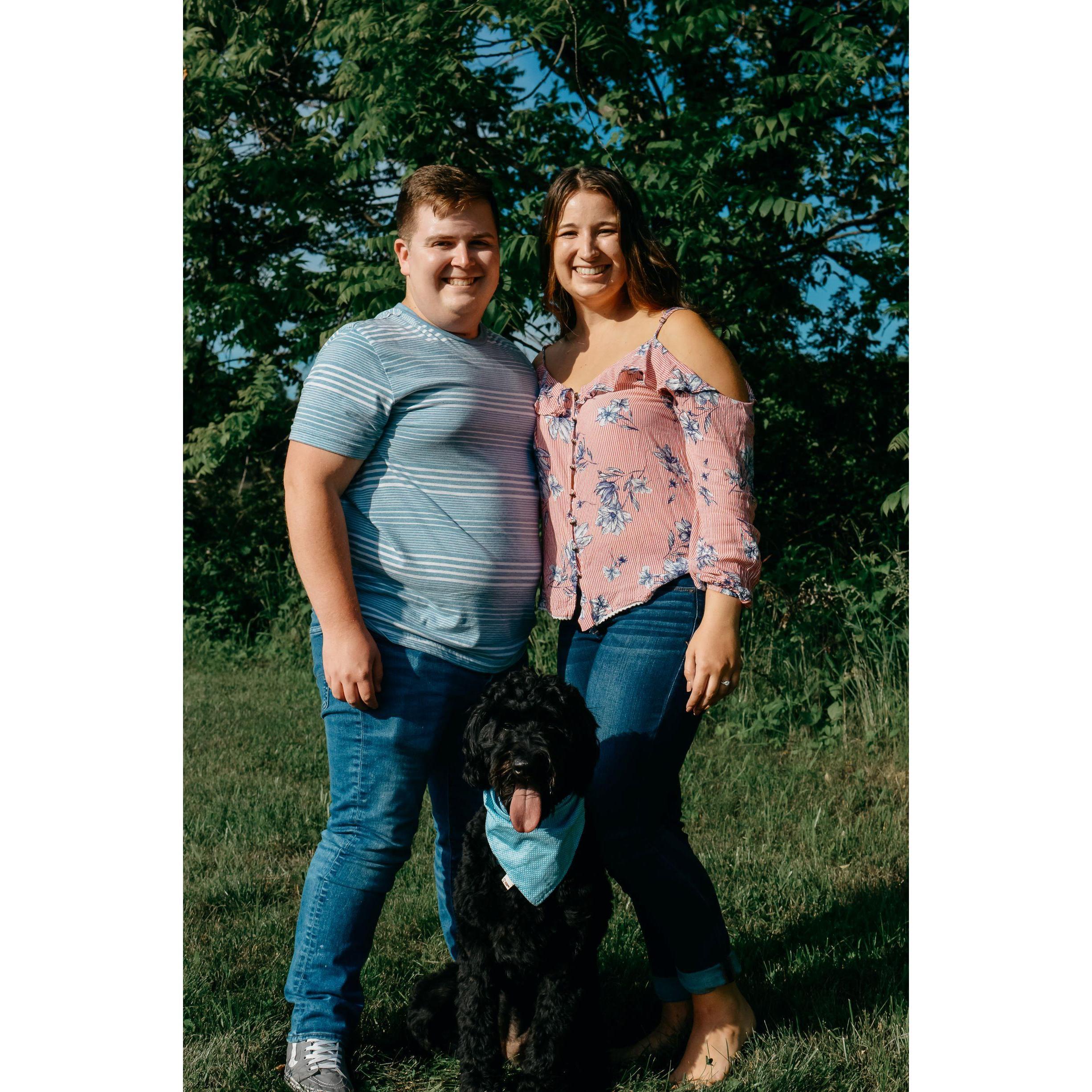 Engagement picture with our first dog, Sasha, 2020