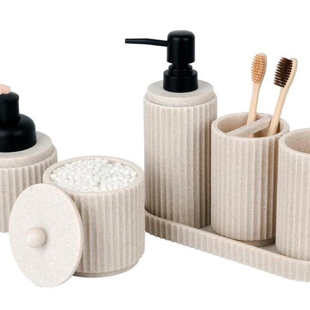 Beige Bathroom Accessories Set 6 Pcs - Toothbrush Holder,Lotion Soap Dispenser,Foaming Soap Dispenser,Qtip Holder Dispensers,Vanity Tray,Bathroom Tumbler - Countertop Organizer-Bathroom Accessory Set