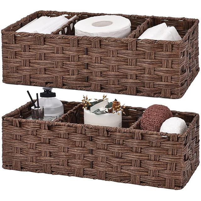 GRANNY SAYS Bathroom Baskets for Organizing, Toilet Storage Basket, Wicker Tank Basket with 2 Dividers, Brown, 2-Pack