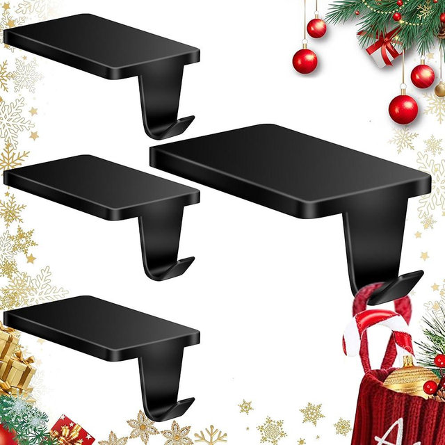 Loncaster Christmas Stocking Holders for Mantle, Set of 4 Heavy Duty Stocking Holder for Mantle, Xmas Weighted Hangers for Party Decor, Space-Saving Decoration for Fireplace Toppers (Black, 4 Pack)