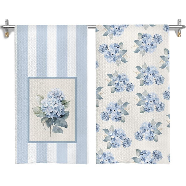 GOOZHO Blue Hydrangea Floral Kitchen Towels, Chinoiserie Flower Dish Tea Towels for Kitchen Decor, Grandmillennial Hydrangea Flower Hand Towel for Bathroom Decor, 16x24 Inches Set of 2
