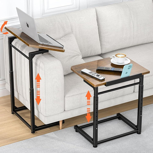 Tv Tray Table, 8-Level Adjustable Height Couch Side Table，90° Tilt Angle Adjustments C-Shaped End Table, with Phone & Tablet Slot Sofa Computer Desk for Couch, Sofa, Bed, Chair, Living Room (Brown)