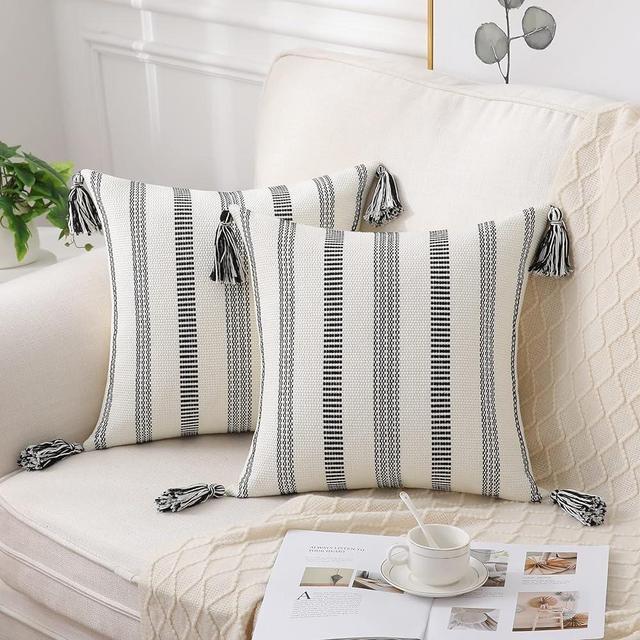 Smile Bee Boho Outdoor Throw Pillow Covers Set of 2, Decorative Woven Striped Pillow Covers with Tassels for Couch Bed Sofa, 20x20 Inch, Black and Cream White