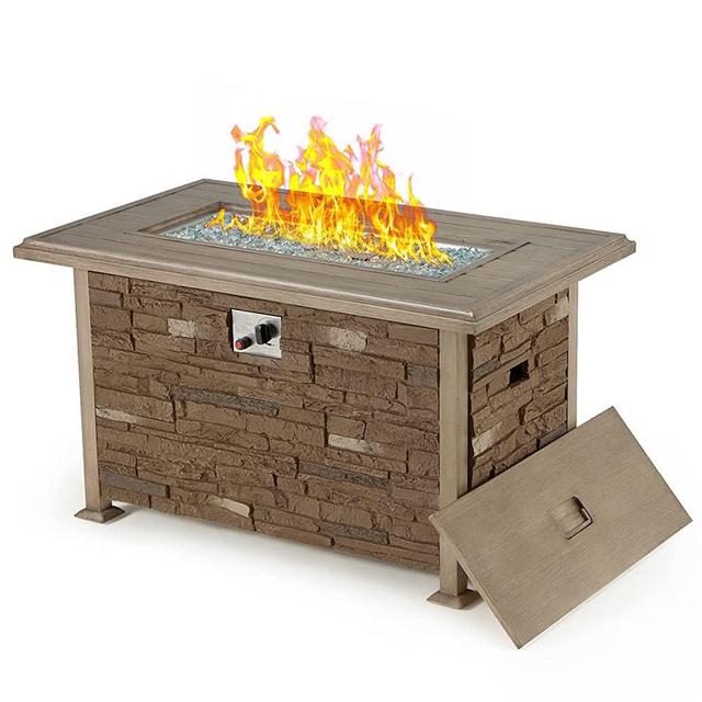 Vicluke 44 Inch Aluminum Propane Fire Pit Table with Faux Ledgestone, Hand-Painted Table Top, 50,000 BTU Gas Fire Table with CSA Certification, Waterproof Cover, Glass Rock for Outdoor, Patio (Coffee)
