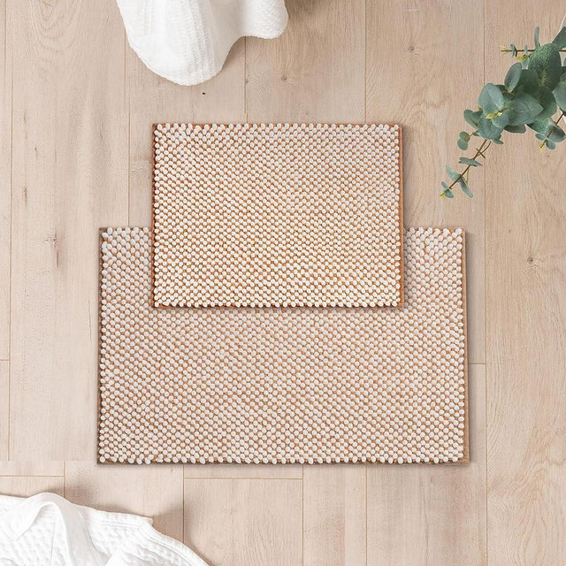 FRESHMINT Chenille Bathroom Rugs Sets 2 Piece, Non-Slip Bath Mats Set for Bathroom, Water Absorbent Bath Rugs, Washable Set Shower Floor Mat Bathroom Accessories 17"x24"+20"x32", Camel Brown