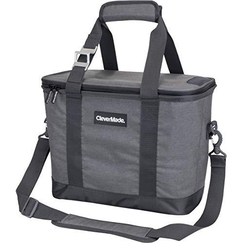 CleverMade Collapsible Cooler Bag with Shoulder Strap: Insulated Leakproof 30 Can Portable Soft Beverage Tote with Bottle Opener for Camping, Lunch, Beach, Picnic; Grey/Charcoal