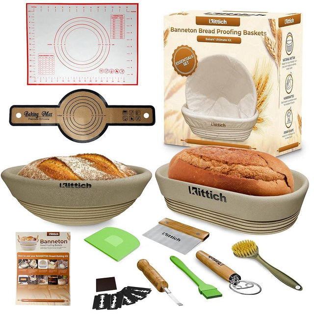 KITTICH Banneton Bread Proofing Basket with Essentials Set, 10 Inch Oval and 9 Inch Round Rattan Baskets with Linen Liners, Perfect for Sourdough Starter Kit - Sourdough Bread Baking Supplies