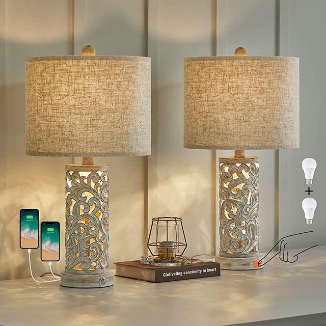 OYEARS 3-Way Dimmable Touch Control 21.25'' Rustic Table Lamp Set of 2 for Living Room Bedroom Farmhouse Vintage Retro USB Bedside Lamps with Linen Shade for Nightstand Home Office(2 Bulbs Included)
