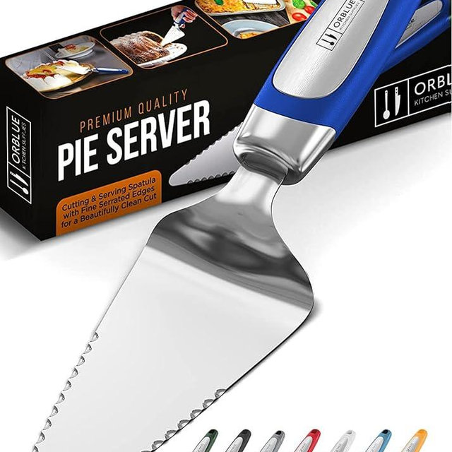 Orblue Pie Server, Essential Kitchen Tool, Serrated on Both Sides, Great for Right or Left Handed Chef, Stainless Steel Flatware, Cake Cutter, Royal Blue