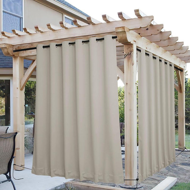 NICETOWN 2 Panels Outdoor Curtains for Patio Extra Wide 84", Waterproof & Windproof Grommet & Back Tab Fixed Top and Bottom Sun Blocking Privacy Drapes with Rope for Gazebo, Natural, W84 x L95