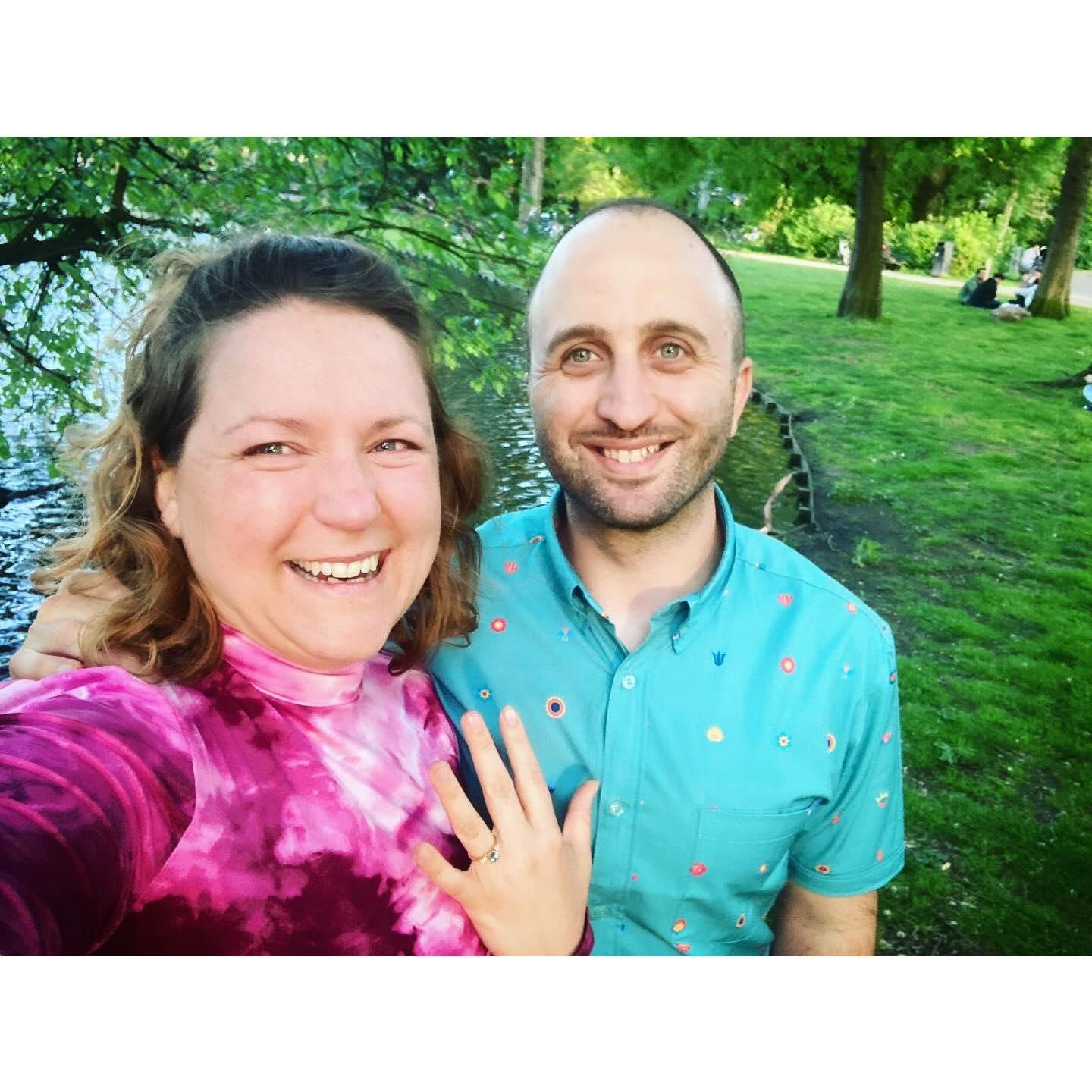 Puffied-eye and blissfully happy - Darren had proposed just moments before. Amsterdam, Ooster Park by a beautiful pond.