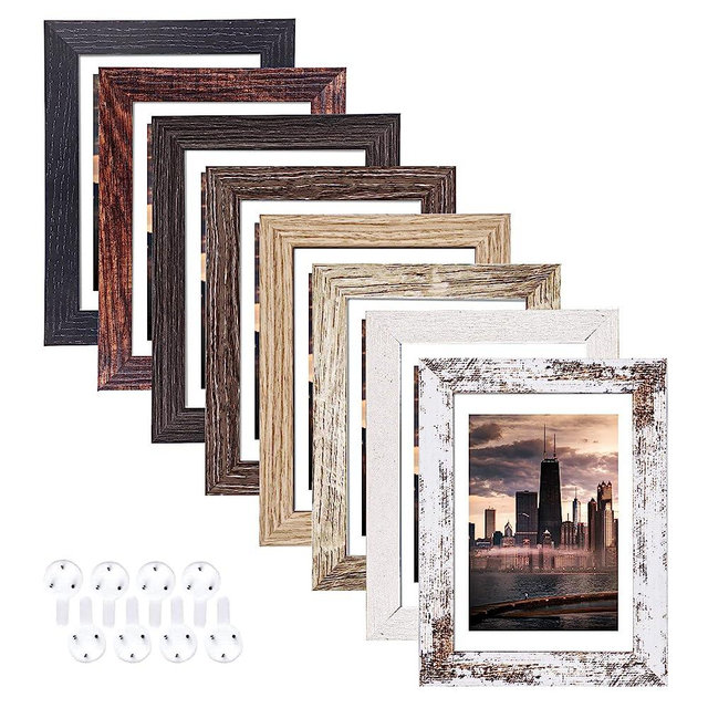 5x7 Picture Frames Set of 8, Rustic Picture Frames Multi Wood Pattern, HD Plastic Cover (Plexiglass) Display Photos 4x6 with Mat or 5x7 Without Mat,Vertical and Horizontal Formats for Wall Hanging and Tabletop Display,Perfect for Rustic Home & Office Decor