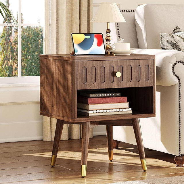 IRONCK Nightstand with Charging Station, Fluted Night Stand with Drawer and Open Shelf, Sturdy Metal-Capped Legs Modern End Table, Bedside Table for Bedroom, Walnut