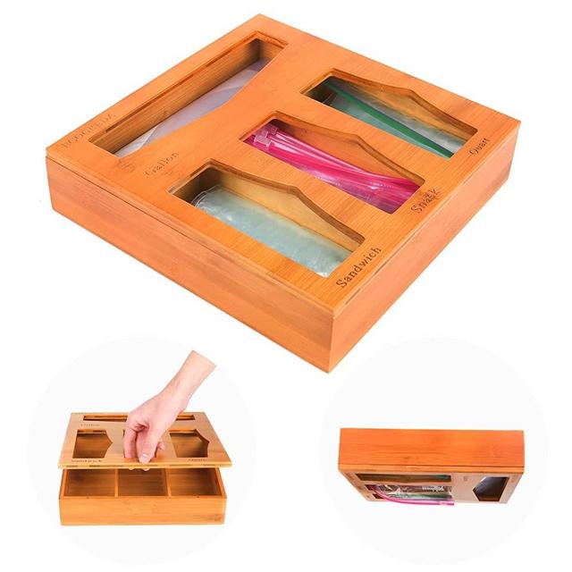 ECOGREDA Bamboo Ziplock Bag Storage Organizer for Kitchen Drawer, Food Storage Bag Box and Ziploc Bag Organizer, Hefty For Ziploc, Gallon, Quart, Sandwich & Snack Variety Size Bags