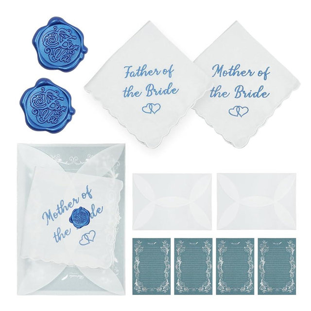 2 Pack Embroidered Wedding Handkerchief Kit, Mother/Father of the Bride Wedding Day Gifting with Handkerchiefs Envelopes Stationery, Sentimental Keepsakes for Bridal Shower Registry Must-Have Hanky
