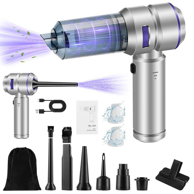 TianJQiS Handheld Car Vacuum Portable Cordless - 18000PA High Power with Brushless Motor, 4-in-1 Air Duster, Blower, Pump & Rechargeable Mini Vacuum for Car, Home, Office (Silver Grey+Blue)