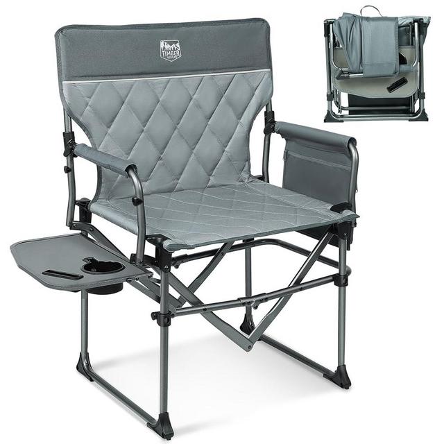 TIMBER RIDGE Heavy Duty Camping Chair with Compact Size, Portable Directors Chair with Side Table and Pocket for Camping, Lawn, Sports and Fishing, Supports Up to 350lbs,Gray
