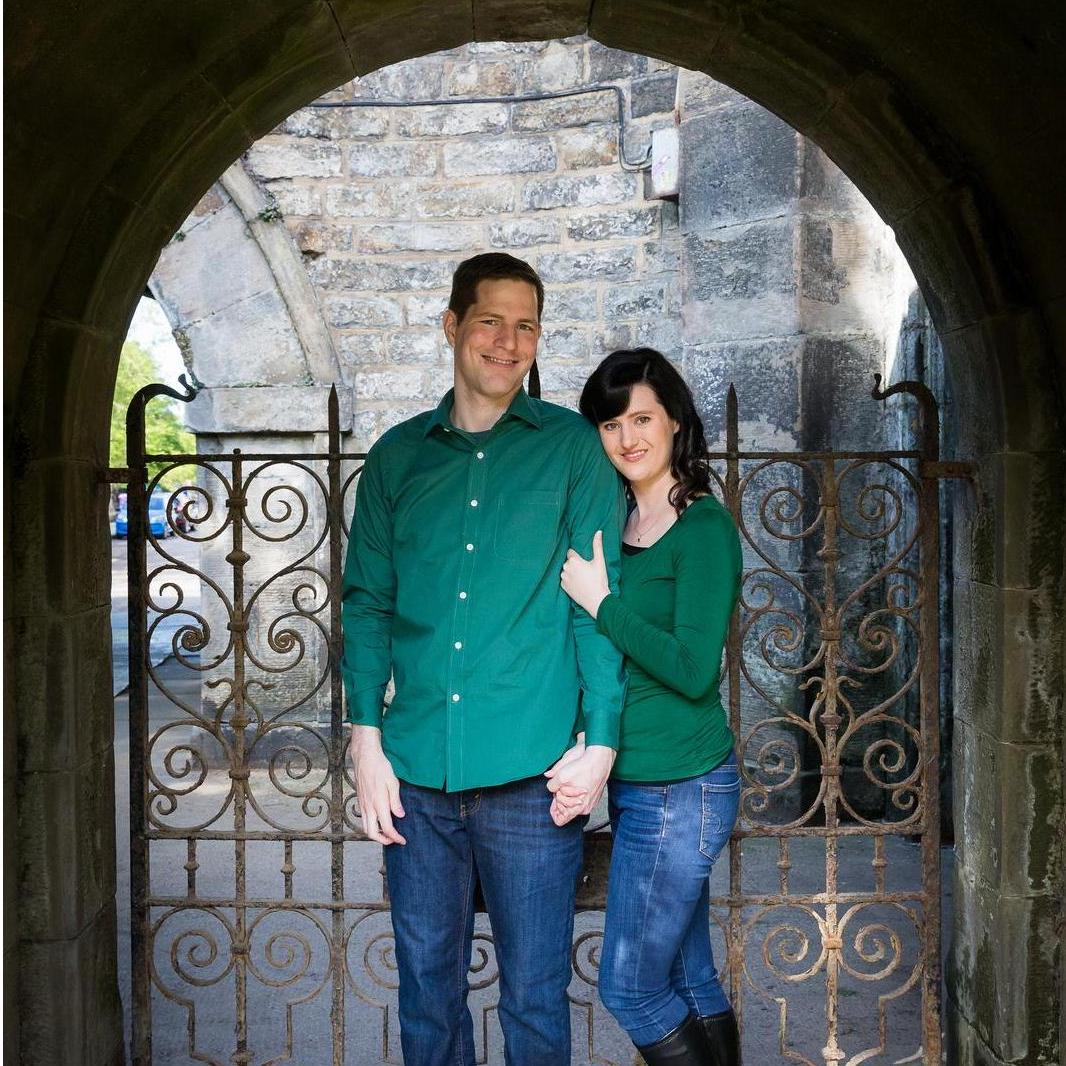 Us in front of a Scottish gate. We loved this spot.