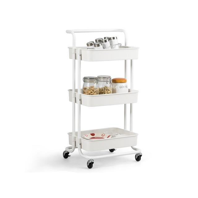 3 Tier Rolling Cart W/Wheels Practical Handle&ABS Storage Basket Organizer White