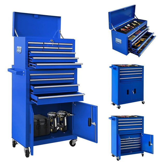 13-Drawer Double Door Rolling Tool Chest, 2 in 1 Detachable Tool Chest,Tool Box with Drawers and Wheels, Large Tool Cabinet with Lock, Metal Standing Toolbox for Garage Workshop-Blue