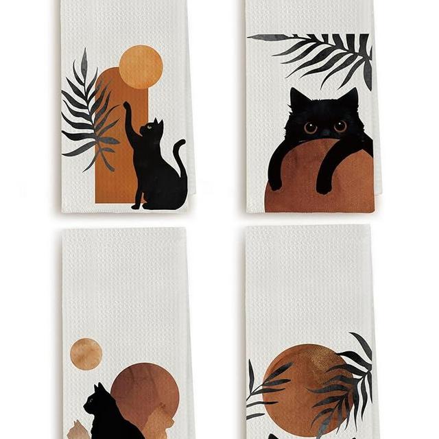 Zeghk Black Cats Art Kitchen Towels Dish Towels Set of 4, Mid Century Abstract Sun Bowls Modern Gifts for Cat Lovers Hand Tea Towel for Bathroom Kitchen Home Cooking, 16×24 Inches