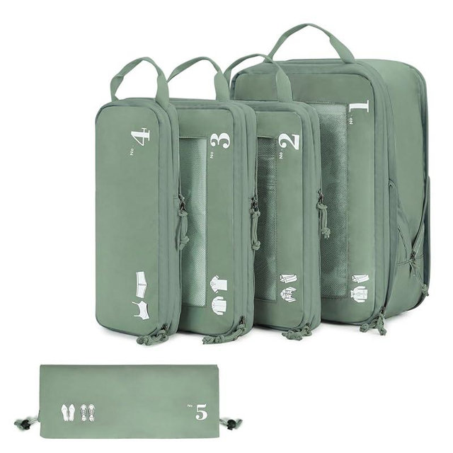 ECOHUB 5 Set Compression Packing Cubes for Suitcases Organiser Bags Set Travel Essentials with Shoe Bags for Travel Tear-resistant Travel Accessories with ID Tag Expandable Packing Bags(Green)