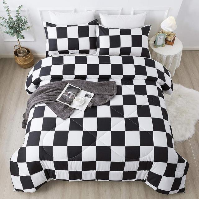 Andency Checkered Comforter Queen(90x90Inch), Black White Plaid Gingham Bed Set for Teen Boys Kids, Lightweight Microfiber Geometric Preppy Bedding，2 Pieces