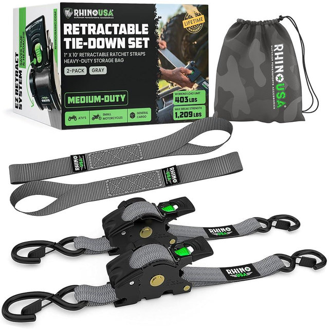 Rhino USA Retractable Ratchet Straps (2-Pack) - 1 Inch x 10 Feet (1,209lb Break Strength) - Auto Self Retracting Tie Down Straps for Truck, Cargo Trailer, Motorcycle, ATV, UTV - Gray