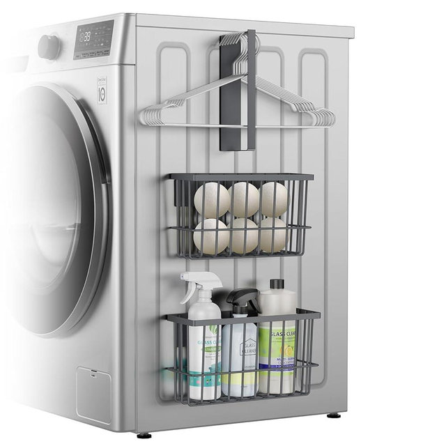 Magnetic Dryer Ball Holder and Magnetic Hanger Holder for Laundry Room Organization and Storage, Magnetic Lint Bin for Laundry Room, Iron Basket Dryer Ball Container for Laundry Room Storage (Gray)