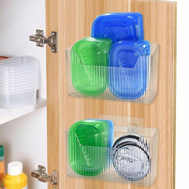 Pensino 2 Pack Adhesive Cabinet Door Organizer Storage Caddy, Clear Lid Organizer Inside Cabinet Wall Mounted Pantry Door Organizer for Food Container Lid Kitchen Under Sink Basket (Clear)