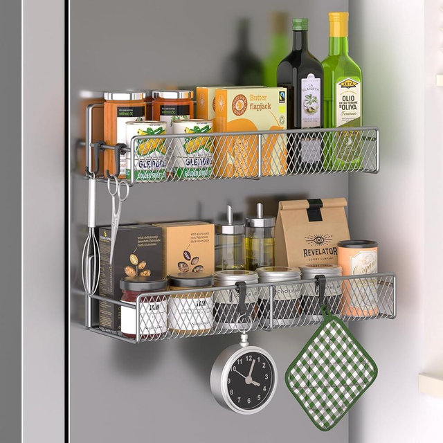 DTUQYX Magnetic Spice Rack for Refrigerator, 2 Pack Metal Magnetic Shelf Grey, Moveable Spice Organizer with Hooks, Super Magnetic Fridge Shelf for Kitchen Organization and Storage