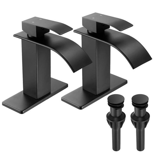 FRANSITON Black Waterfall Bathroom Faucet Lavatory Single Handle 1 or 3 Hole Bathroom Sink Faucet Washbasin Faucet with Deck and Pop-up Drain (Matte Black- Set of 2, Short)
