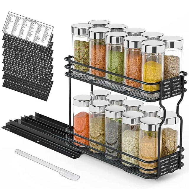 SpaceAid Pull Out Spice Rack Organizer for Cabinet, Heavy Duty Slide Out Seasoning Organizer for Kitchen Cabinets, with 415 Labels and Chalk Marker, 4.5"W x10.5"D x8.5"H, 1 Drawer 2-Tier, Black