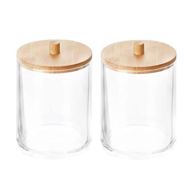 Atych Qtip Dispenser Holder Bathroom Vanity Organizer Apothecary Jars Canister Set with Bamboo lid for Cotton Ball,Cotton Swab,Q-Tips,Cotton Rounds,Bath Salts (Round 2pack)
