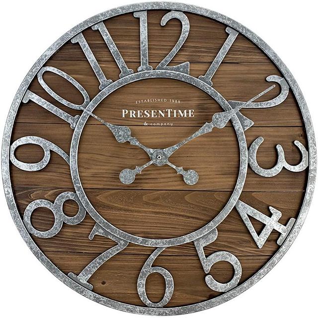 PresenTime & Co Vintage Farmhouse Series, Galvanized Rustic Barnwood Clock, 19.5 inch, Galvanized Finish, Arabic Numerals with Weathered Natural Barnwood