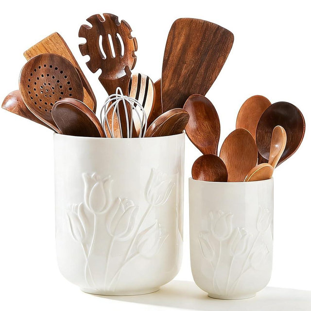 Ramblion Tulips White Ceramic Utensil Holder Set, 7.3" and 5.5" Large Kitchen Utensil Crocks – Modern Countertop Organizer for Cooking Utensils, Spatula, Spoons | Practical Kitchen Counter Decor