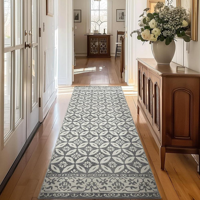 jinchan Runner Rug 2x6 - Hallway Kitchen Washable Runner Rug Faux Wool Geometric Soft Tile Pattern Floral Print Stain Resistant Non-Slip Carpet for Bathroom Bedroom Laundry Room Grey