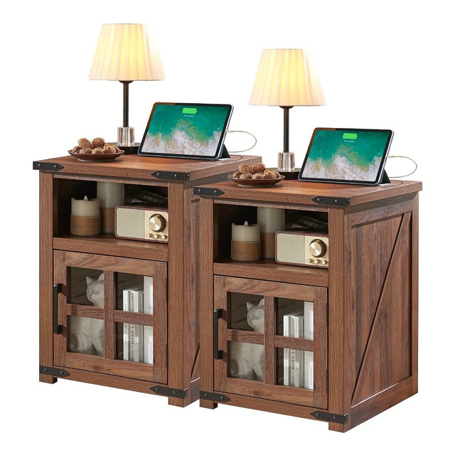 Barnyatoh Farmhouse Nightstand with Charging Station, Rustic End Table with Tempered Glass Barn Door, Wood Sofa Side Bedside Table with Open Storage Shelf for Living Room, Bedroom, Brown, 2 Pack